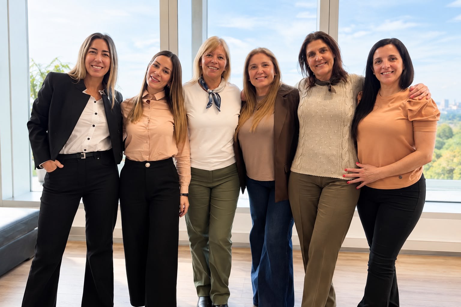 Equipo de Cooperativa Concepción frente a los ventanales de la oficina, con vista al río