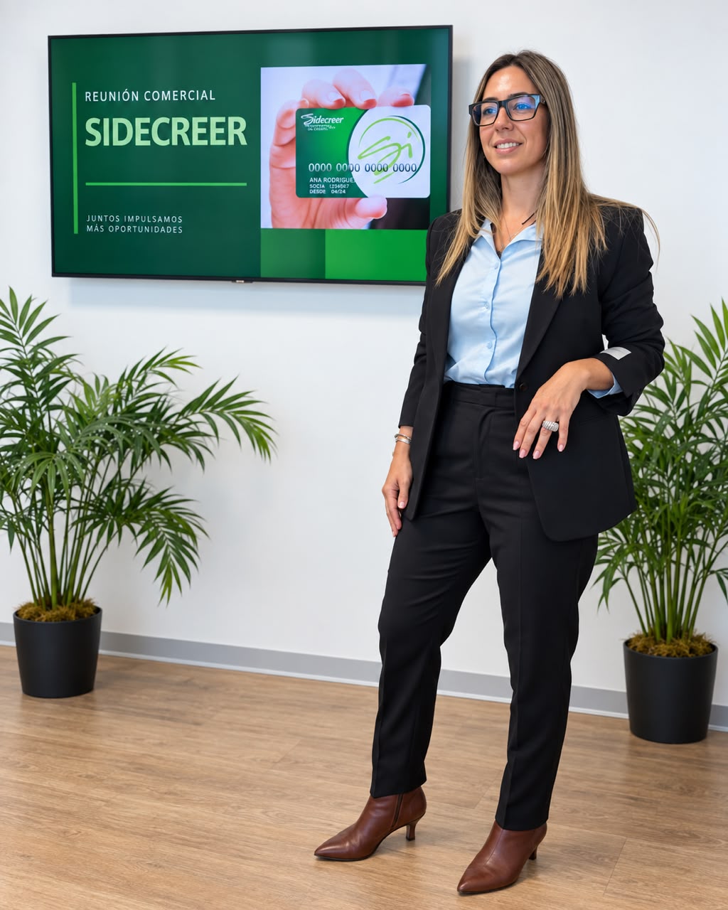 Asesora de Mejor Crédito presentando la tarjeta Sidecreer